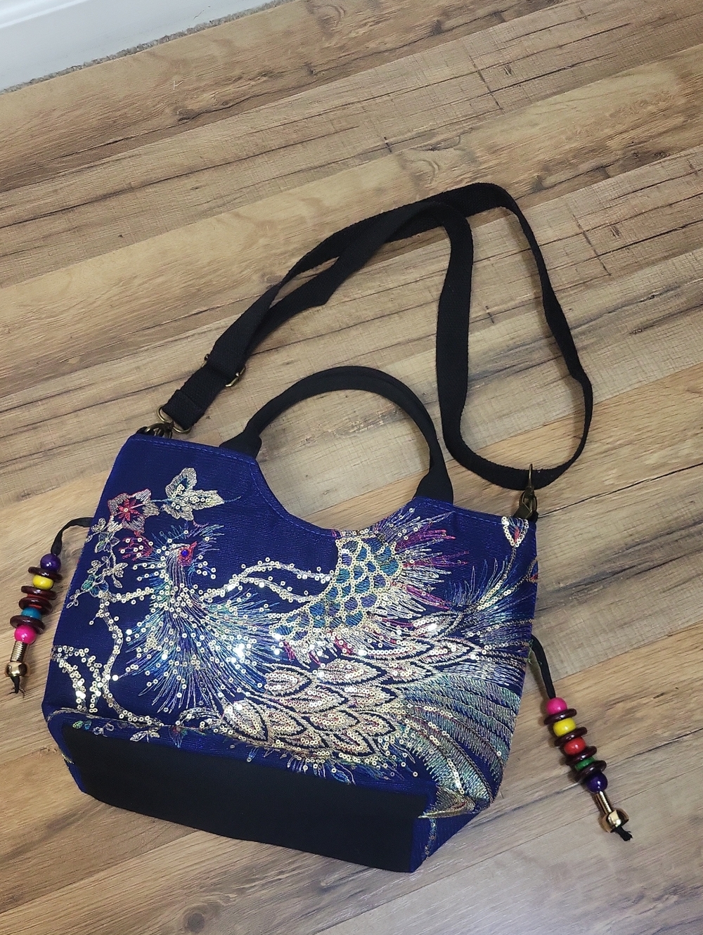 Blue Sequin Peacock Lightweight Handle & Removable Crossbody Strap Bag - Picture 7 of 15